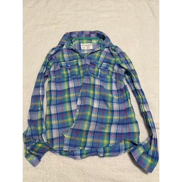 Girls Medium Plaid Aeropostale Button Up Shirt Blue Green Easter‎ - Picture 1 of 4